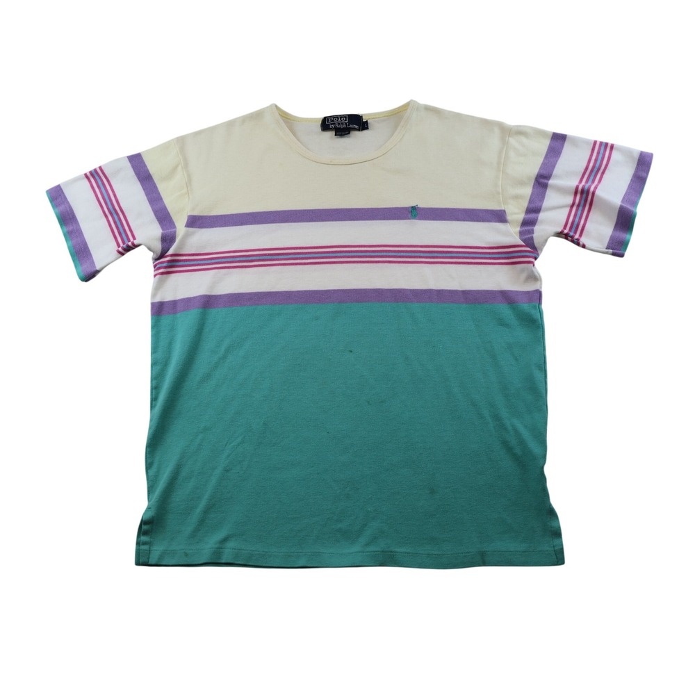 Polo Ralph Lauren Mens L T-Shirt Teal Yellow Striped Colorblock Vintage USA